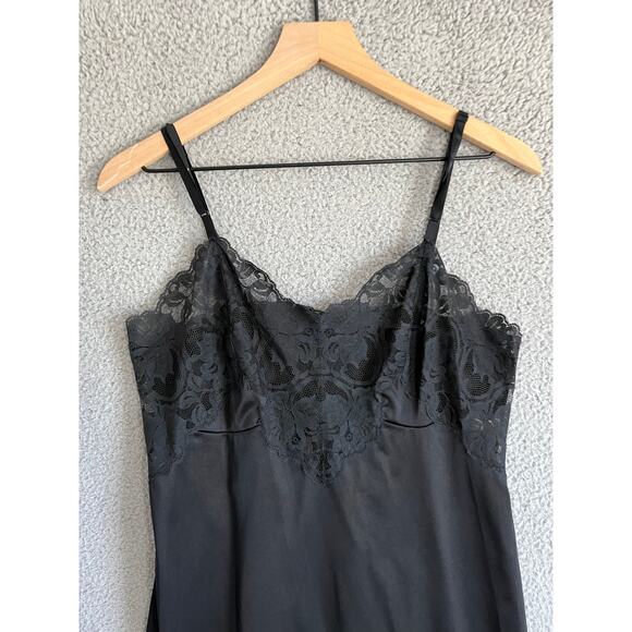 Vintage Satin Full Slip Knee Dress Small 36 Sheer Lace Black Lingerie Goth Sexy - Picture 2 of 16